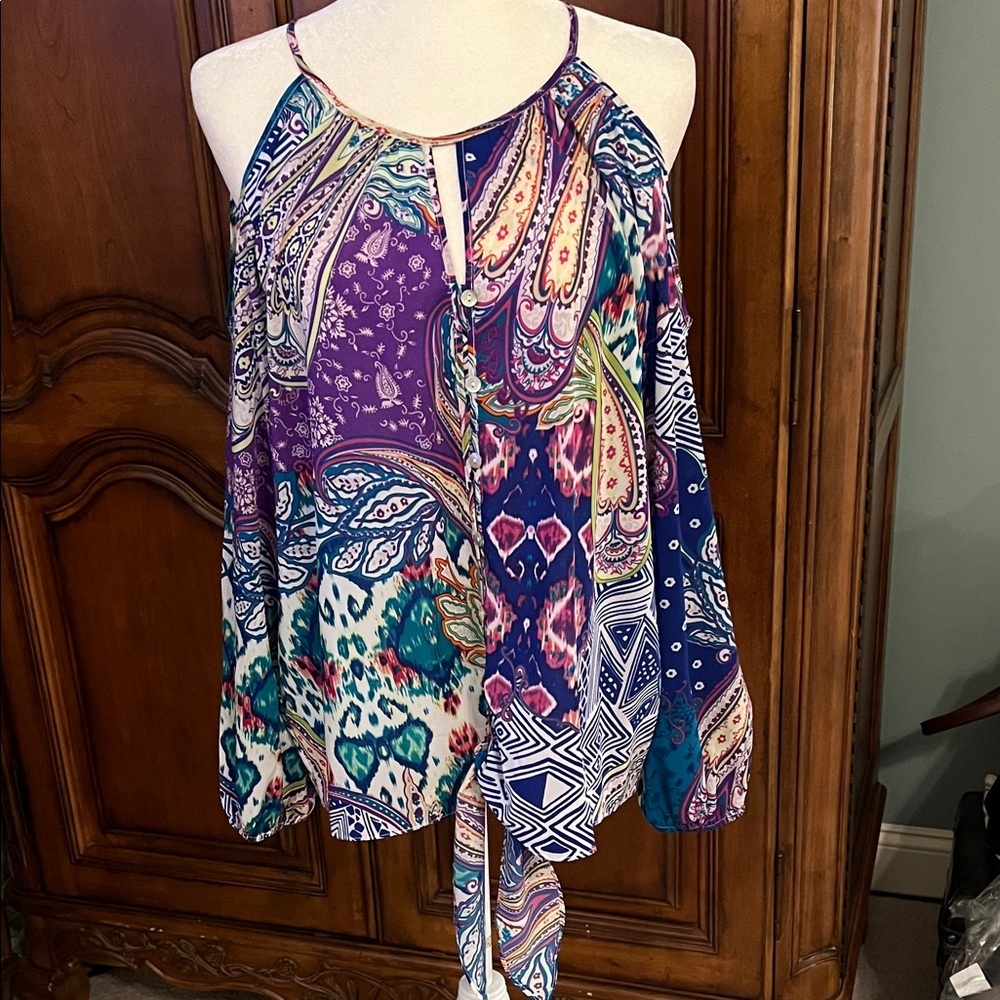 Chico's Whimsy Patterns Cold Shoulder Tie Front Multicolor Paisley Top, NWT, 12